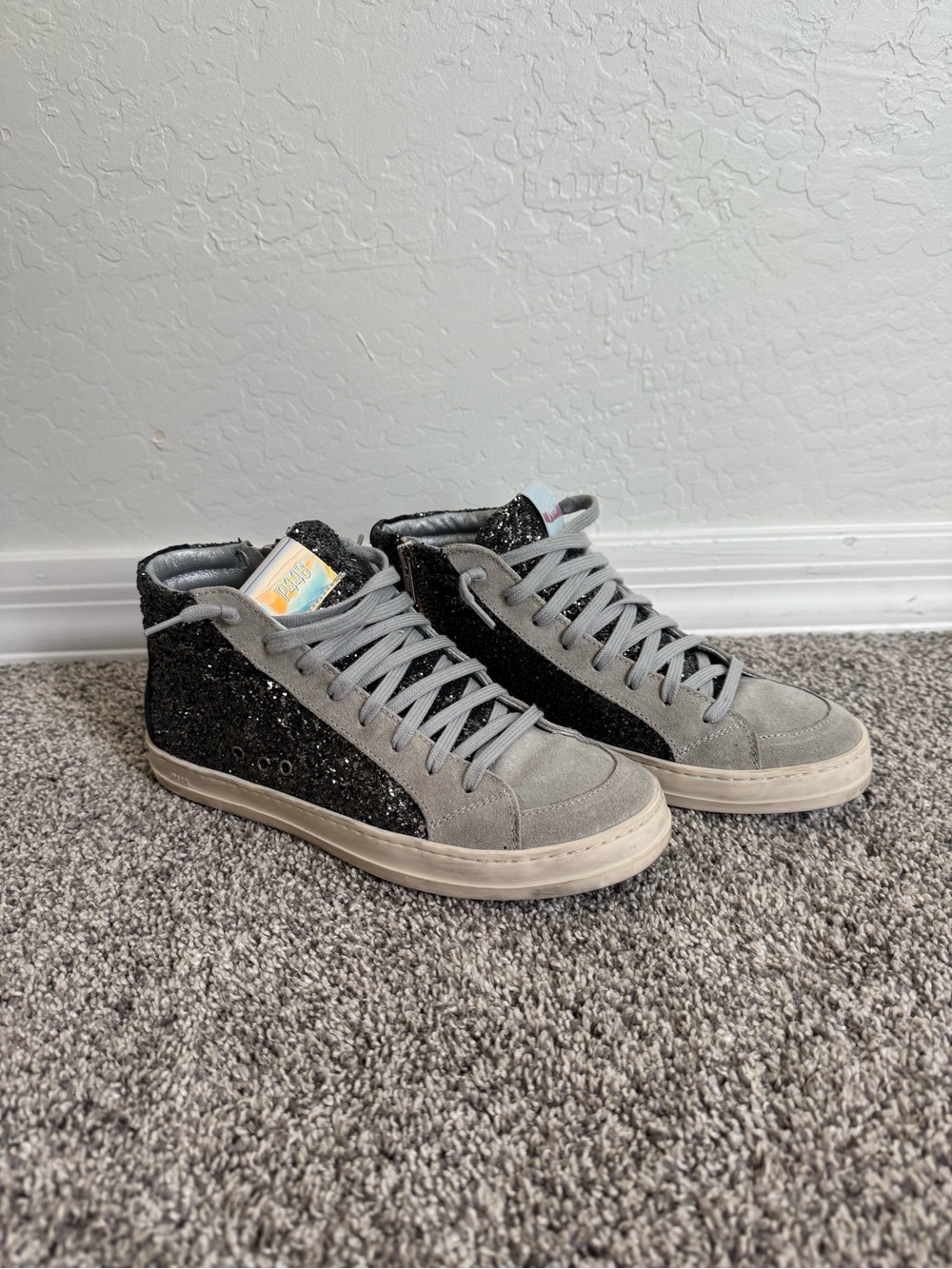 P448 Grey Suede & Black Glitter High-Top Sneakers